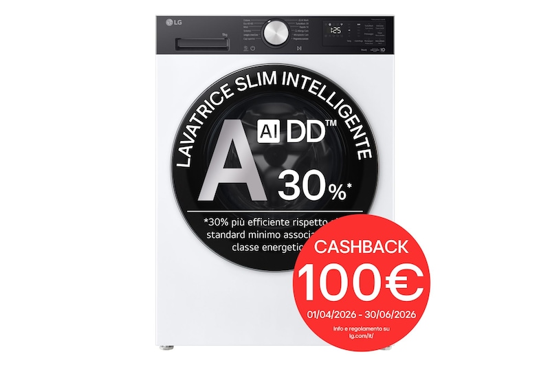 Vista frontale di Lavatrice Slim 9kg Next AI DD™ | Serie X5 Classe A -30% | 1200 giri, Wi-Fi, AI Wash, Vapore, TurboWash | White Black Pannel F2NX50S9TKC